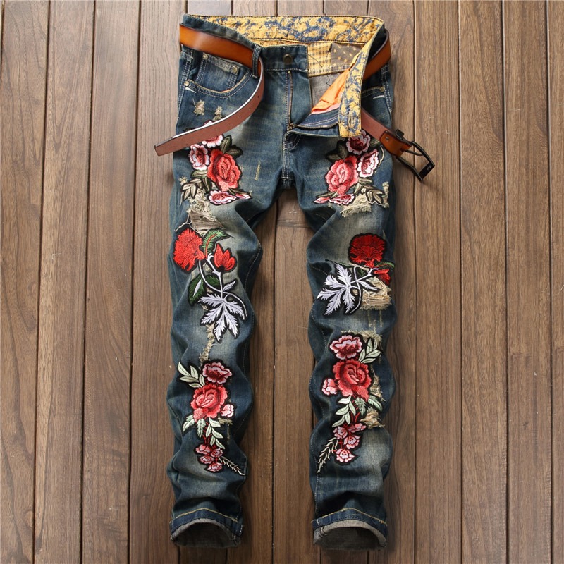 Mens Floral Print Jeans Pants Ripped Straight Denim Trousers Fashion Brand Badge Vintage Cowboy Long Pant Male Clothing