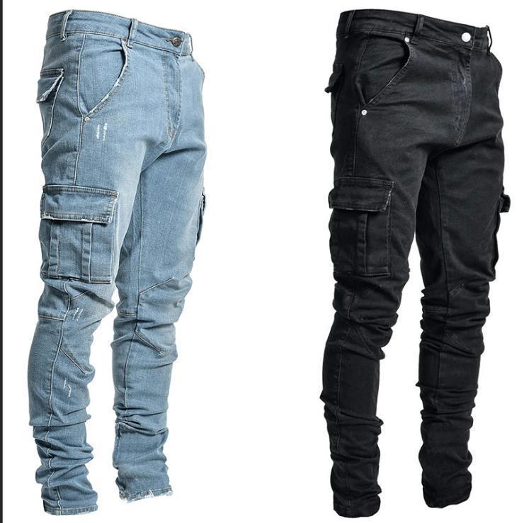 Mens Western Jeans Pants Spring Summer Side With Bag Denim Trousers Black Slim Fit Skinny Jeans Cowboy Men Clothing 4XL