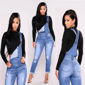 Denim Suspender Pants With Hole Plus Size Long Jeans For women New Denim Leggings Ladies Denim Overall Pants