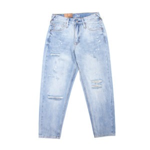 Men's Autunm Washed Jean High-end Light Blue Hole Splashing Ink Micro-cone Selvedge Denim Pants EW50620