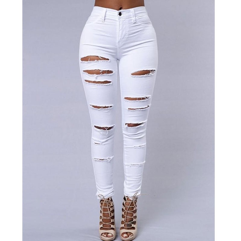 Womens White Ripped Jeans Fashion Black Sexy Skinny Denim Pencil Pants New Spring Summer Elastic Trousers Wholesale